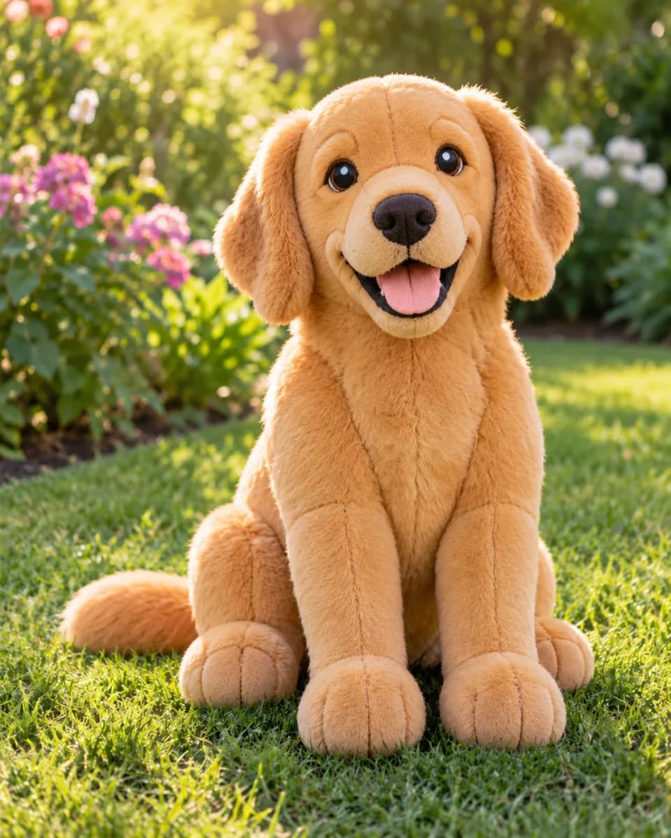 Golden retriever transformed into a plush character