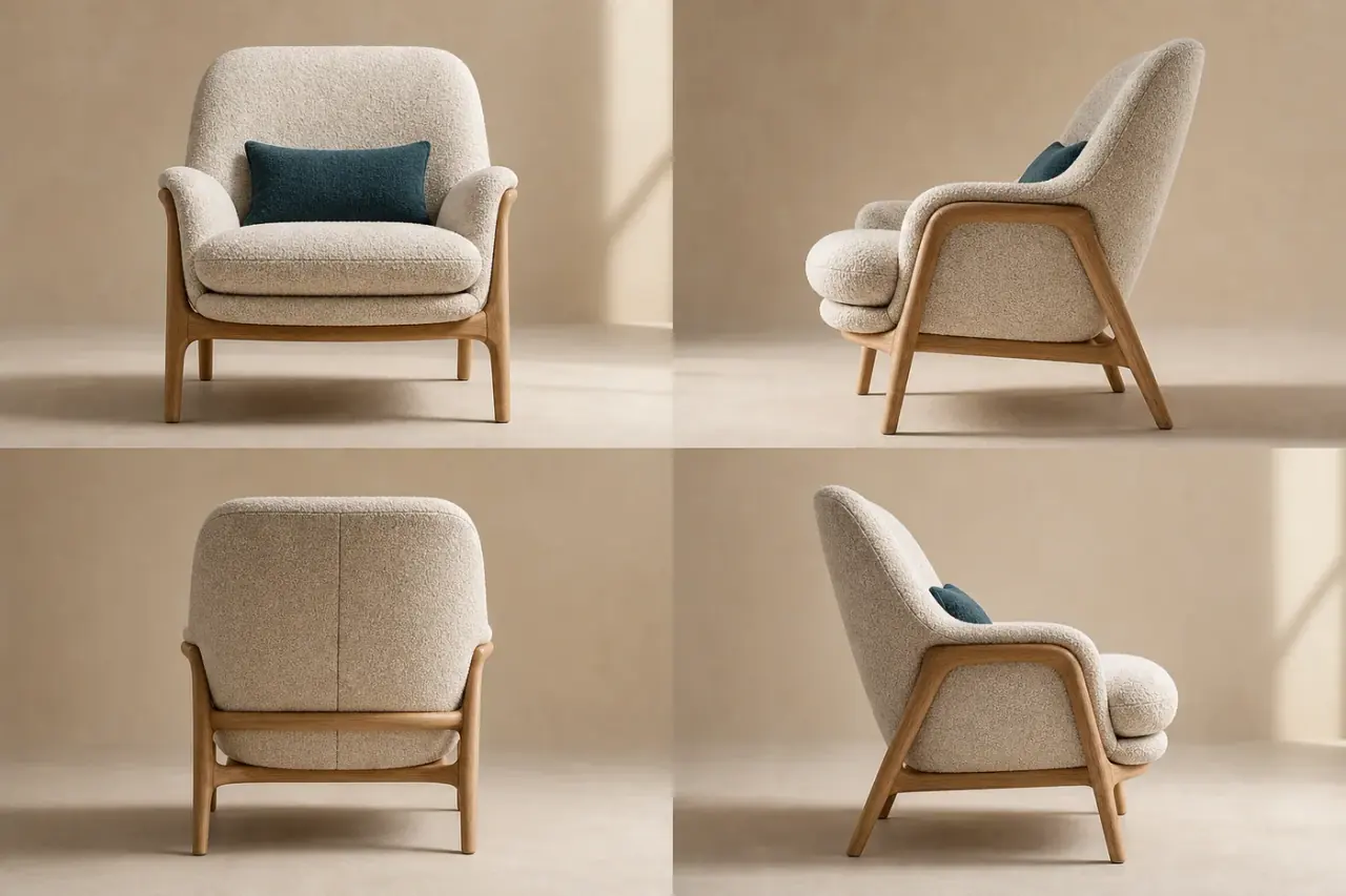 Front, right, back, and left camera angle views of the same upholstered lounge chair