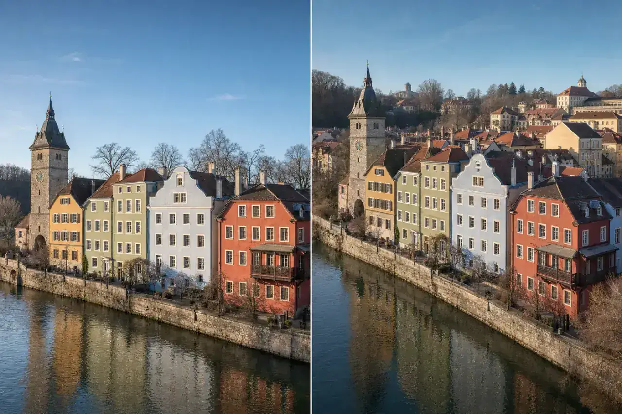 Eye-level and elevated camera angle views of the same fictional riverside town