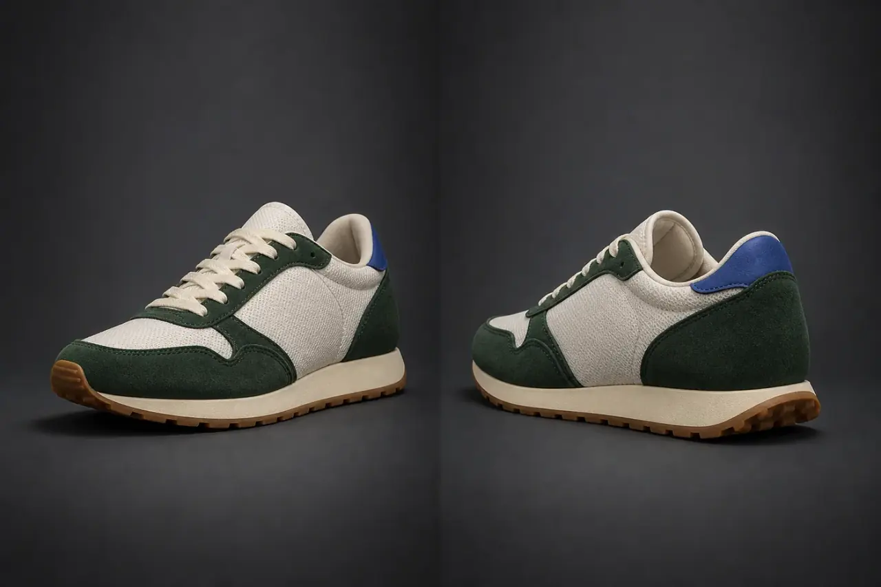 Front-left and rear-right camera angle views of the same green and ivory sneaker